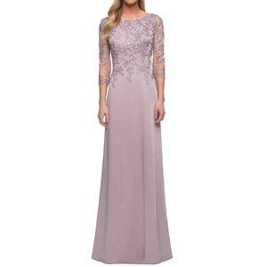 LA FEMME 29251 Floral Appliqué Jersey Column Gown Size 8 NWT Light Mauve 00001
